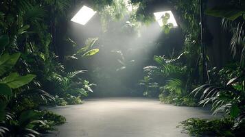 A lush indoor jungle scene with vivid greenery and soft diffused lighting creating a calming natural atmosphere Perfect for set design photo