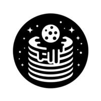 Stylized Pancake Stack with MoonLike Cookie and Dripping Syrup in Celestial Black and White Circle . vector