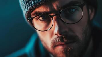 Intense portrait of a man with glasses and beanie hat Focus on eyes and face dark background enhances the serious mood photo
