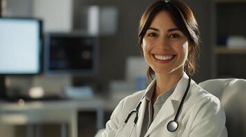 Smiling healthcare professional in a white coat exuding confidence and expertise Medical setting A positive impression of healthcare photo