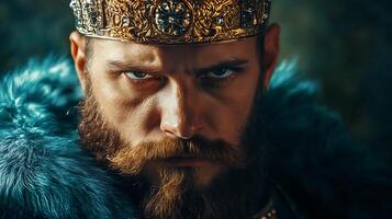 Intense portrait of a bearded king with a golden crown and fur collar conveying power and authority in a dimly lit setting photo