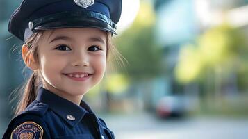 Charming young child dressed in a navy uniform and hat poses with a beaming smile and a blurry outdoor backdrop radiating innocence photo