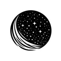 Black and White Spherical Illustration with Starry Universe Effect and Comet Tail Suggestion, Minimalist Celestial . vector