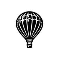 A bold, minimalist black and white illustration of a hot air balloon, featuring clean lines and elements on a textured, offwhite background. vector