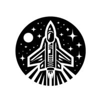 A minimalist black and white illustration depicts a spaceship against a starry night sky within a circular frame, radiating stylized energy. vector