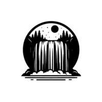 Minimalist Black and White Illustration of a Waterfall Scene Within a Circle, Featuring Trees, Moon and Stars, Evoking Tranquility. vector