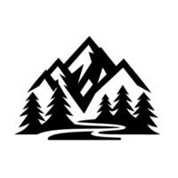 Silhouette of a jagged mountain range with stylized fir trees and a winding river or path, all rendered in bold black on white. vector