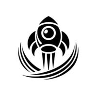 Bold Black and White Rocketship Launching within Curved Lines on White Background, Minimalist Style vector