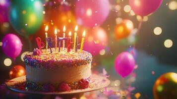 Festive cake adorned with colorful sprinkles candles and letter decorations set against a backdrop of balloons and bokeh lights photo