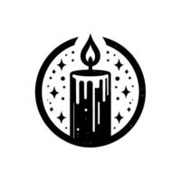 Black and white stylized illustration of a candle with a flickering flame, encircled by stars and dots, evoking magic and serenity. vector