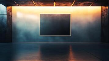 Minimalist concrete gallery space showcasing a striking dark panel illuminated by soft ambient lighting creating a serene atmosphere photo