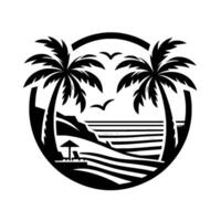 Black and white beach scene within a circular frame featuring palm trees, beach chairs, ocean, cliffs, and birds, evoking summer relaxation. vector
