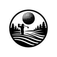 A stylized circular emblem depicting a golfer swinging near undulating fairways, pine trees, and a dotted golf ball. vector