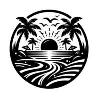 Black and white circular illustration of a tropical sunset scene with palm trees, beach umbrellas, birds, and stylized waves. vector