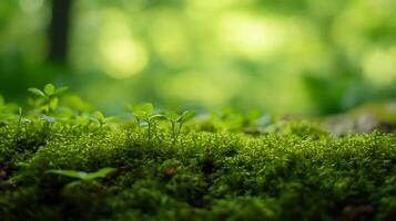 Vibrant green moss and delicate sprouts create a tranquil scene in a lush verdant forest Fresh growth abounds with bokeh background photo
