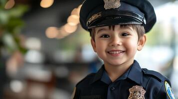 Smiling boy dressed as a police officer The child wears a uniform and hat looking cheerful Bokeh lights create a soft background photo