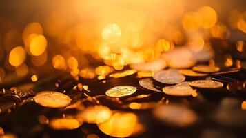 A warm-toned blurred background of gold coins in a pile creates a soft luxurious feel with potential financial or celebratory themes photo