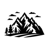 Stylized Black and White Mountain Scene with Pine Trees, Clouds, and a Trail, Representing Adventure and Outdoors. vector