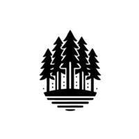 Minimalist black and white illustration of evergreen trees clustered on a simple island with reflected water lines below, creating a naturethemed . vector
