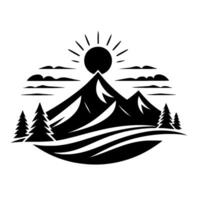 Stylized Black and White Mountain Landscape with Sun, Clouds, and Pine Trees in a Circular Composition. vector