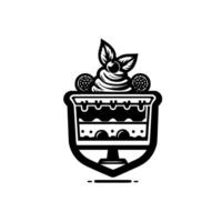Elegant Black and White Dessert Emblem Tiered Cake with Cream, Berries, and Leaves, Set on a Pedestal, within a Shield. vector