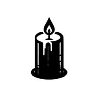 Minimalist Black and White Illustration of a Burning Pillar Candle with Dripping Wax and a stylized flame. vector