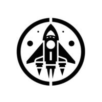 Bold Black and White Minimalist Rocketship Inside Circular Frame, Space Exploration . vector