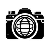 Monochrome of a camera with a world globe lens, representing travel photography. vector