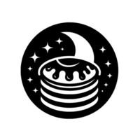 Black and white circular depicting pancakes topped with syrup, moon, and stars on a dark background. vector