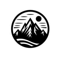 Monochromatic Circular Emblem Mountain Peaks, Sun, and Water Element , Evoking Natures Serenity and Wilderness. vector