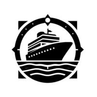 Black and White of a Cruise Ship Within a Circular Compass Rose, Above Simulated Ocean Waves. vector