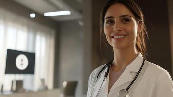 Smiling healthcare professional with stethoscope in a modern medical office exuding competence and caring for patient well-being photo