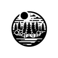 A Circular Monochrome Illustration of a Forest Scene with Trees, Clouds, a Sun, and a Lake. vector