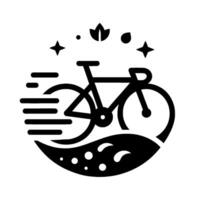 Black and white minimalist bicycle with speed lines, nature elements, and stars, conveying movement, and ecofriendliness. vector