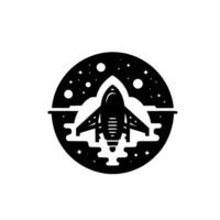A sleek, black spaceship within a circular frame of clouds and stars, symbolic of space exploration. vector