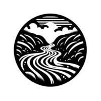 Black and white stylized landscape illustration within a circular frame, showcasing a winding river through rolling hills under a cloudy sky. vector