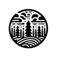 Stylized Black and White Circular Landscape with Trees, Clouds, and Snowflakes, Nature vector