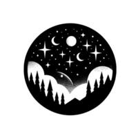 Intricate black and white illustration of a starry night sky over a mountain range with stylized trees within a circular frame. vector