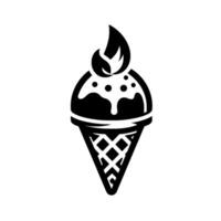 Black and white of a scoop of ice cream topped with a flaming garnish, inside a waffle cone on white background. vector