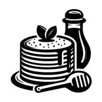 Artistic black and white illustration of a stack of pancakes, drizzled with syrup, leaves, honey jar, and a honey dipper. vector