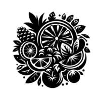 Black and white symmetrical fruit arrangement with lemons, oranges, pineapple, berries, and leaves, style. vector