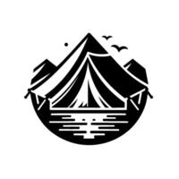 Black and White Emblem Camping Scene with a Tent, Mountains, Birds, and Lake, within a Circular Badge. vector