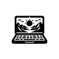 A stylized black laptop displaying a mountain scene with sun on the screen, on a white background. vector