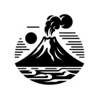 Black and White Silhouette of a Volcano Erupting with Sun and Sea Elements in a Circular Composition. vector