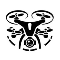 Black and white minimalist illustration of a drone featuring four propellers, a central camera lens, and circular elements, presented against a clean white background. vector