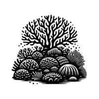Stylized Monochrome Illustration of a Diverse Ecosystem, Featuring a Central Tree Canopy and Varied Plant Life vector