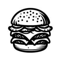 Stylized, bold black and white illustration of a juicy burger with sesame seed bun, layered fillings, and classic presentation against white background. vector