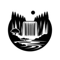 Serene, monochromatic nature scene waterfall cascades into a winding river, framed by pine trees and an oval backdrop, with a single sun or moon. vector