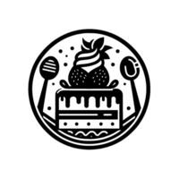 A stylized, monochrome circular featuring a strawberry cake with whipped cream, decorative spoons, and dots for a whimsical dessert . vector