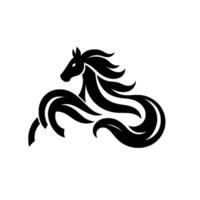 Striking Black Silhouette of a Prancing Horse with Flowing Mane and Tail, Emblem on a White Background. vector